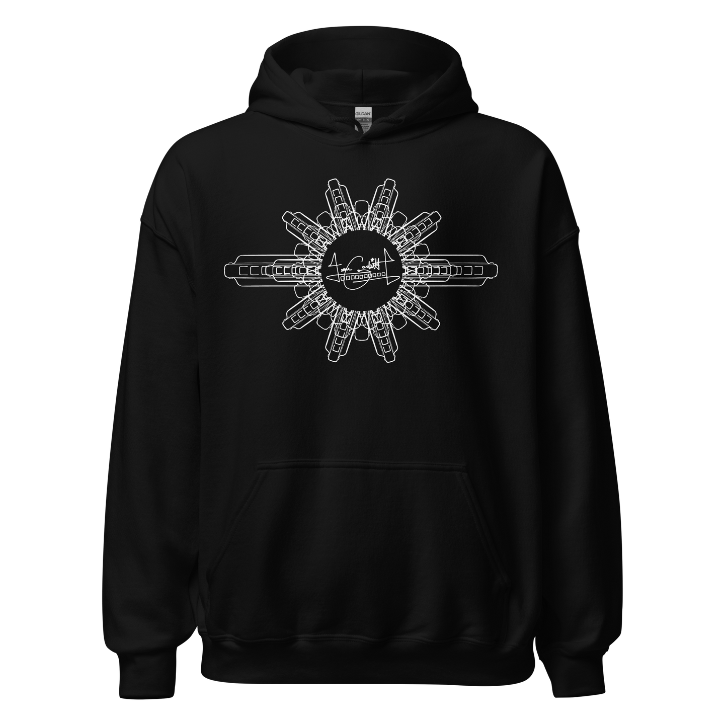 Harmonica Mandala - White on Black - Heavy Blend Hoodie